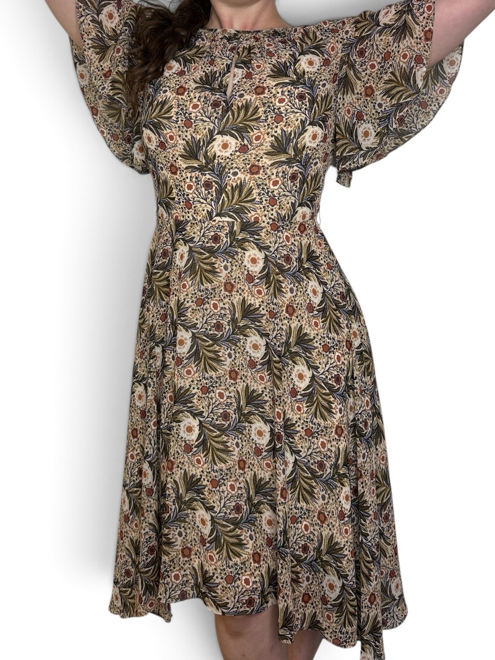 Mikael Aghal Fall Floral Midi Dress with Flutter Sleeves Size 8 Flowy Designer